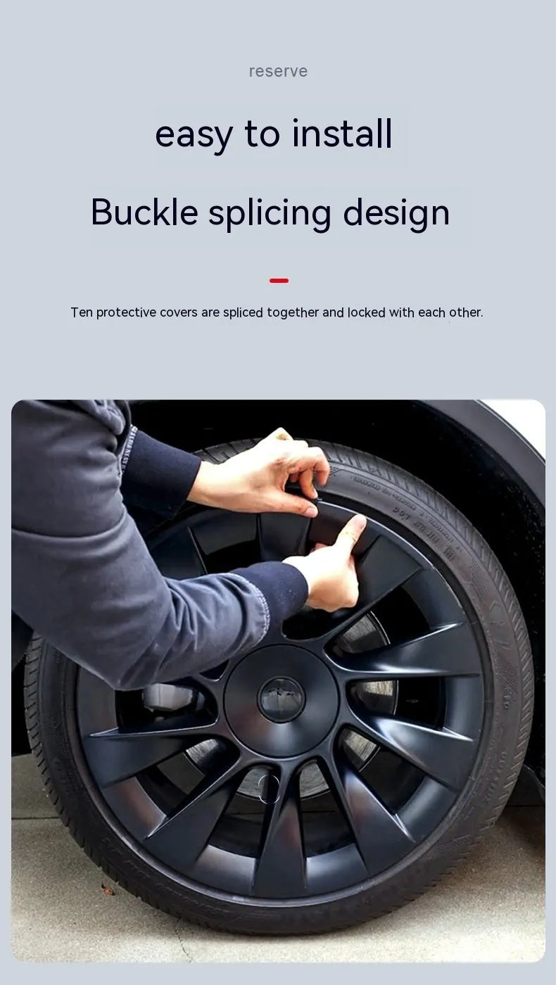 Tesla Model Y wheel hub cover with sectional steel ring design in black finish.