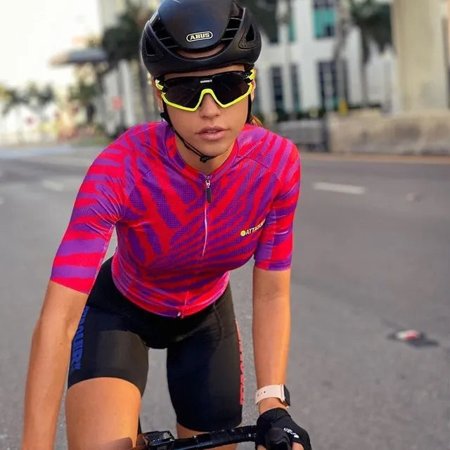 Attaquer women's kaleidoscope print cycling jersey and pants set for road cycling