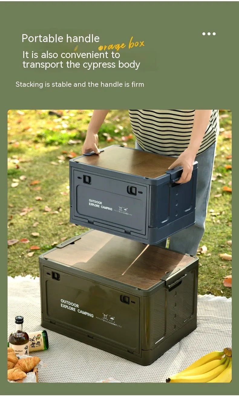 Oversized foldable plastic storage box with wooden lid in Nordic green colour