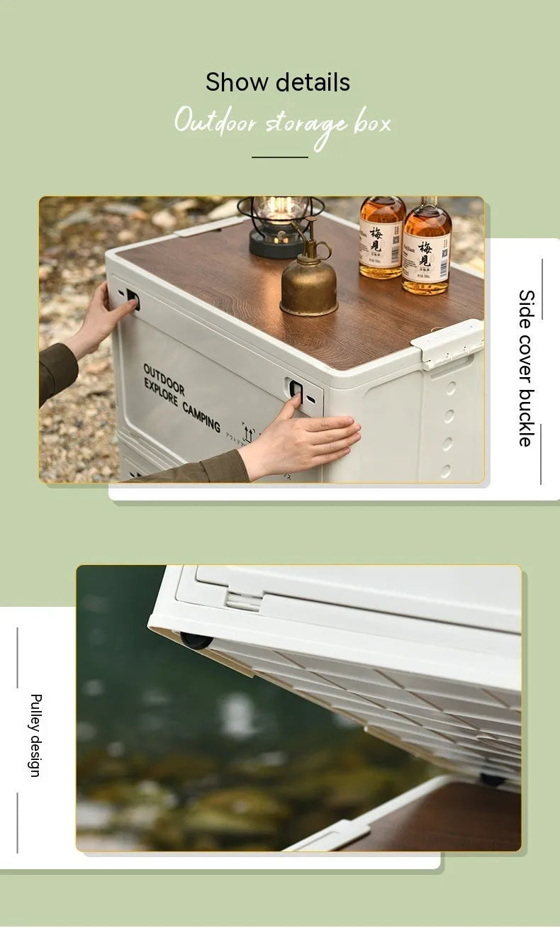 Oversized foldable plastic storage box with wooden lid in Nordic green colour