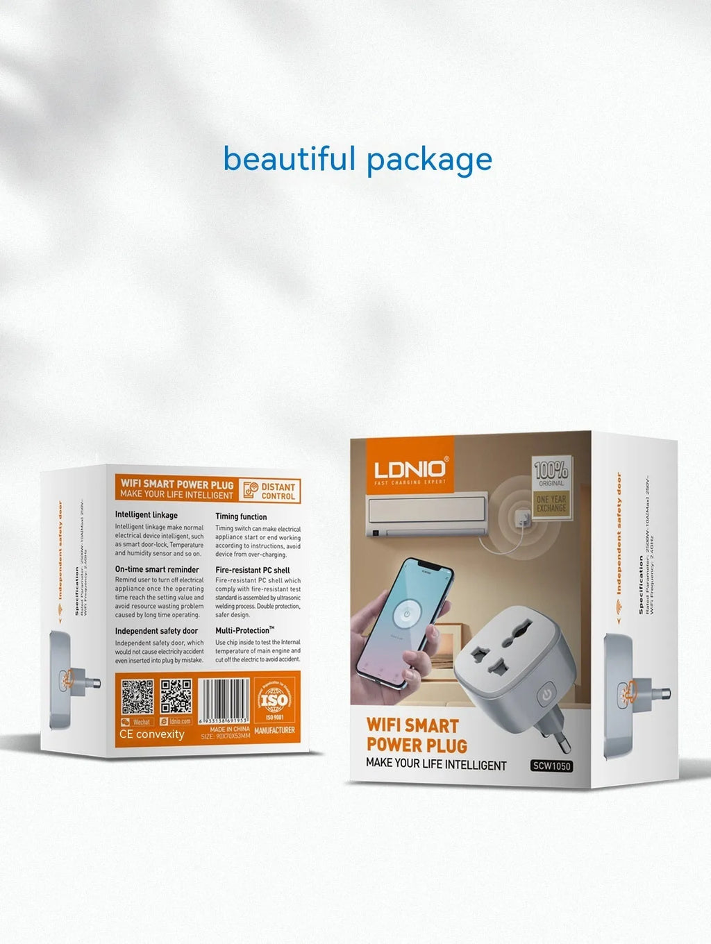 White smart WiFi socket with EU plug standard, timer and overload protection functions on white background