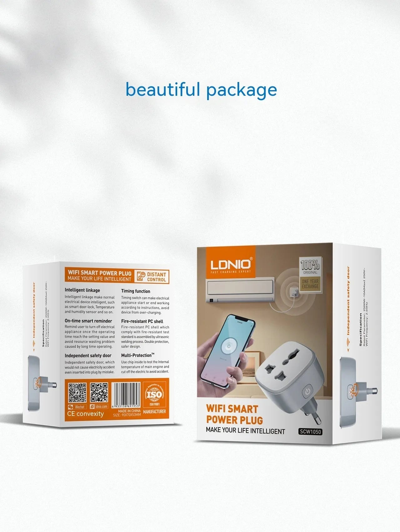 White smart WiFi socket with EU plug standard, timer and overload protection functions on white background