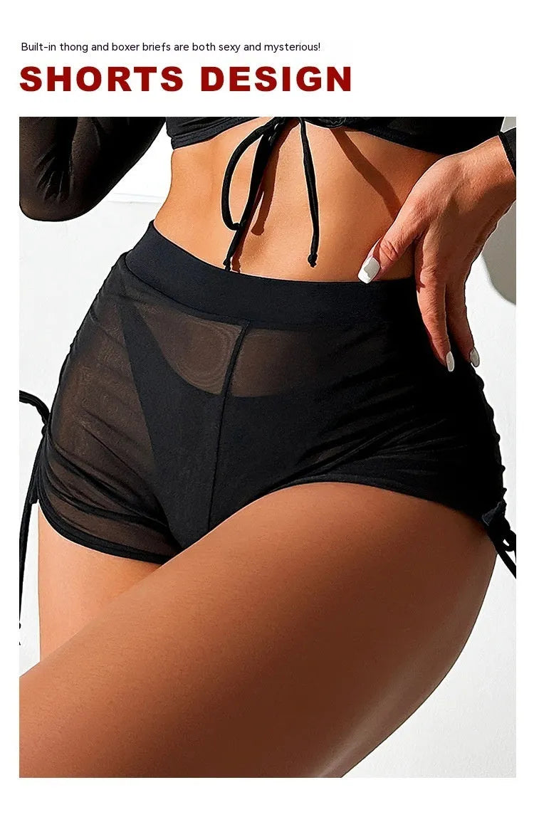 Women's black mesh four-piece bikini swimsuit with long sleeves for swimming sports