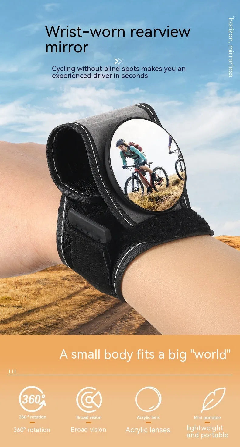 Black bicycle wrist rear-view mirror with adjustable nylon fixture for cycling safety