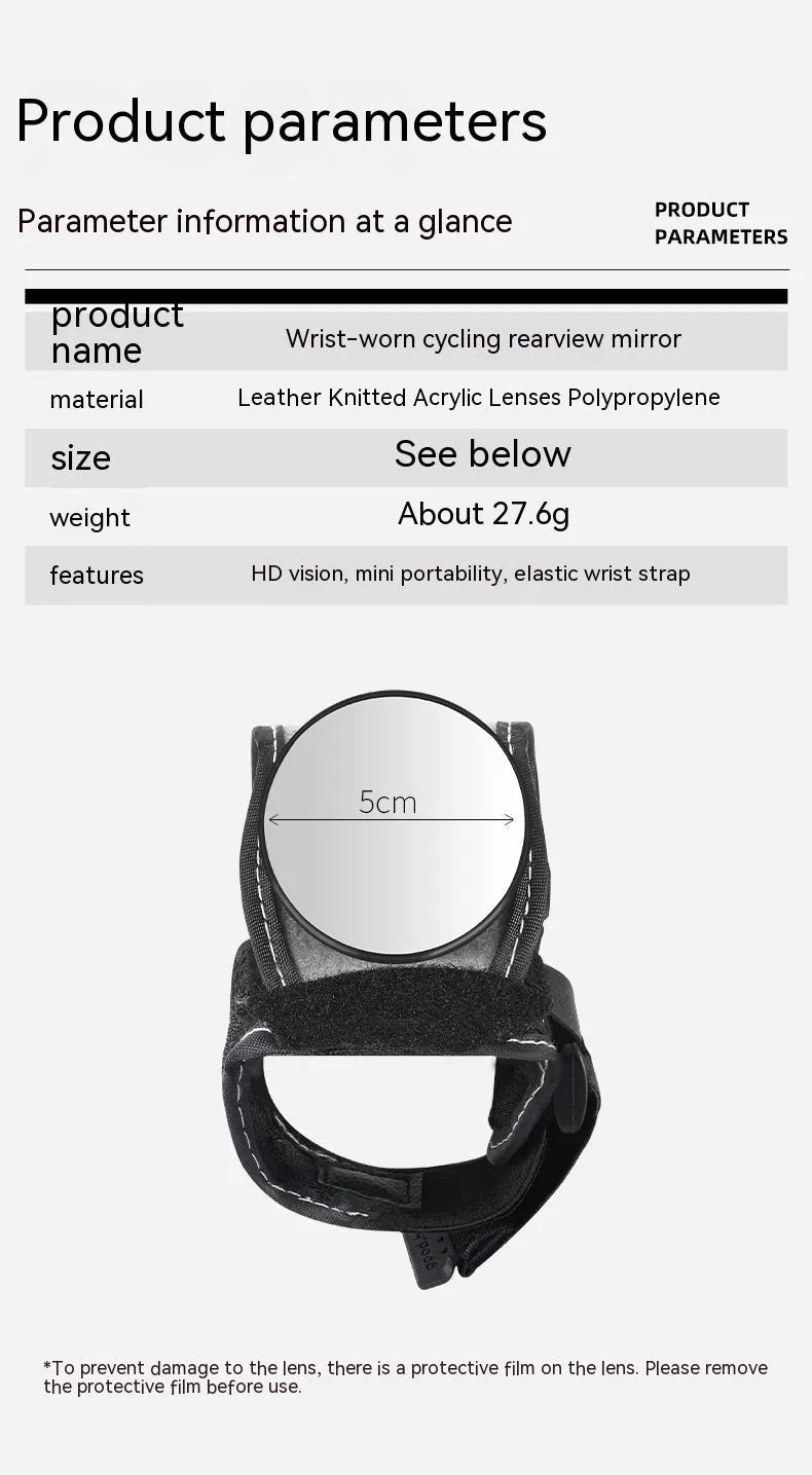 Black bicycle wrist rear-view mirror with adjustable nylon fixture for cycling safety