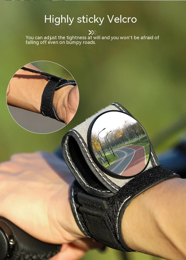 Black bicycle wrist rear-view mirror with adjustable nylon fixture for cycling safety