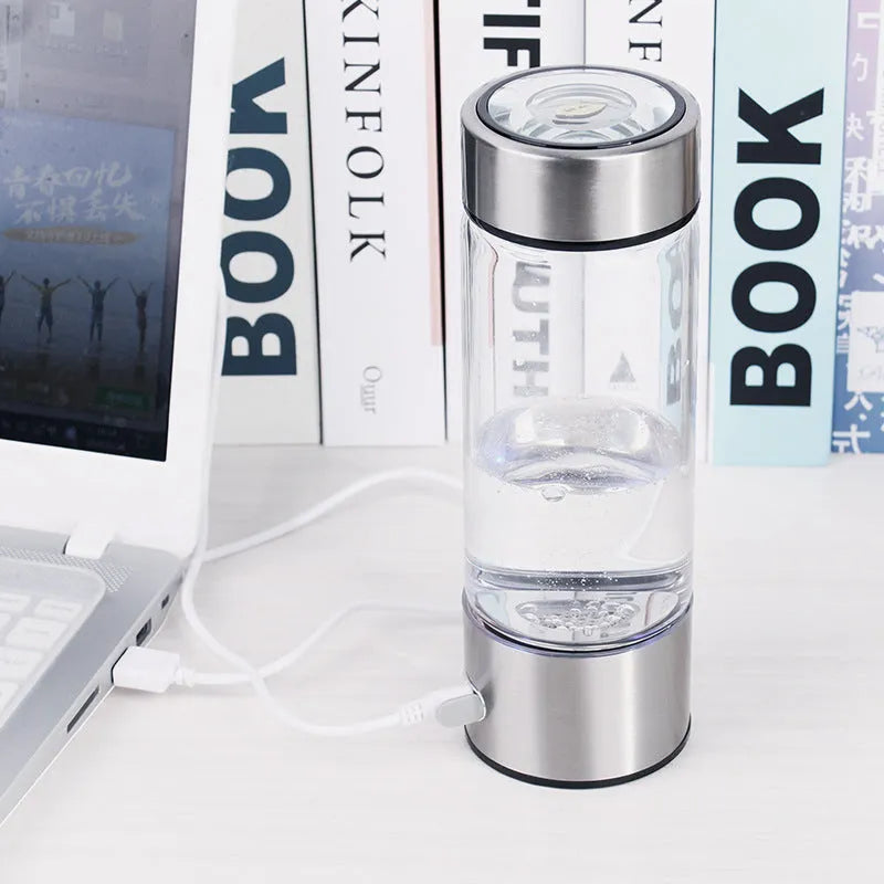 Electric hydrogen water generator bottle in silver colour with borosilicate glass construction and 500ml capacity