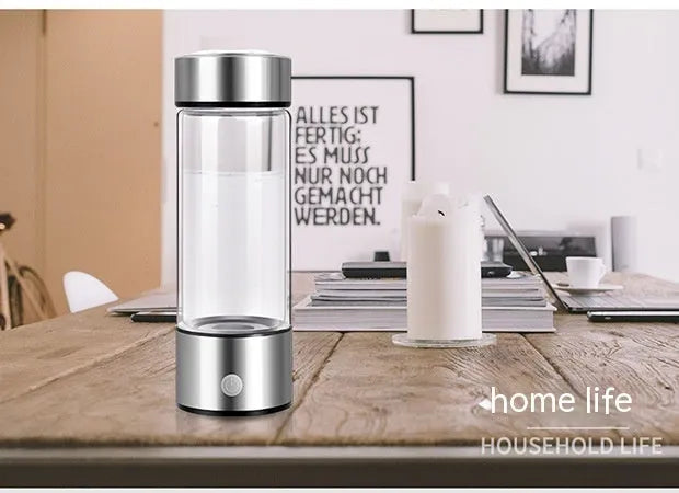 Electric hydrogen water generator bottle in silver colour with borosilicate glass construction and 500ml capacity