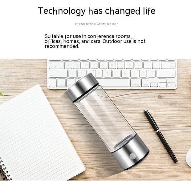 Electric hydrogen water generator bottle in silver colour with borosilicate glass construction and 500ml capacity