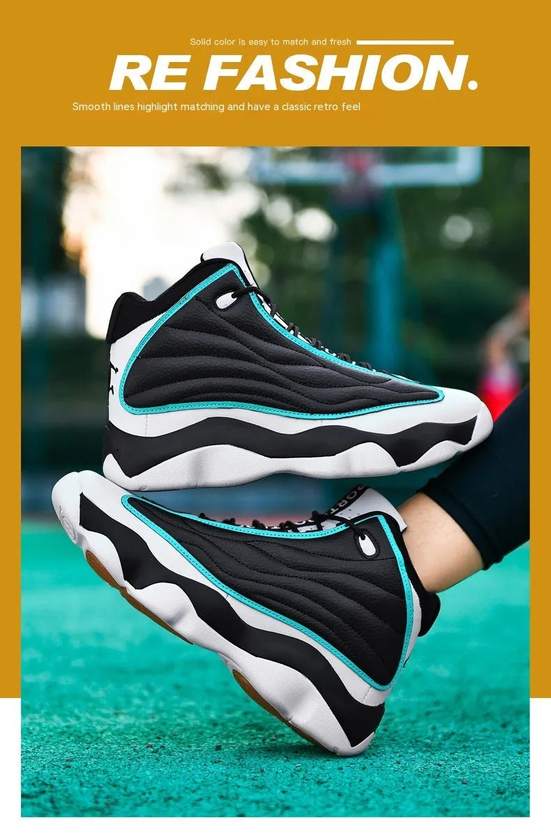 High-top basketball shoes with thick rubber soles and mesh uppers in AJ13 white red colourway