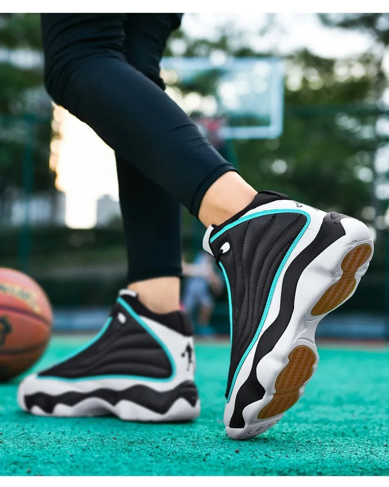 High-top basketball shoes with thick rubber soles and mesh uppers in AJ13 white red colourway