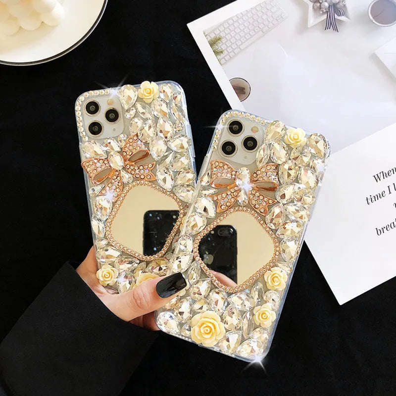 Rhinestone mirror bow silicone phone case for iPhone, aura bright white flower colour, all-inclusive design