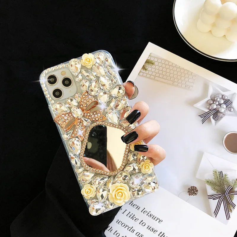Rhinestone mirror bow silicone phone case for iPhone, aura bright white flower colour, all-inclusive design