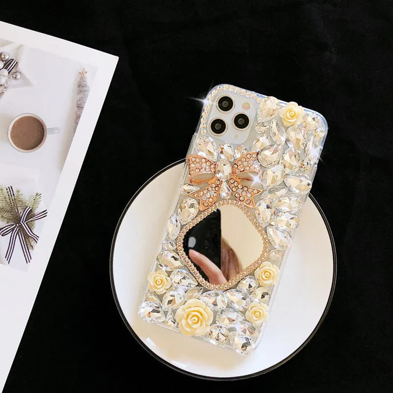 Rhinestone mirror bow silicone phone case for iPhone, aura bright white flower colour, all-inclusive design