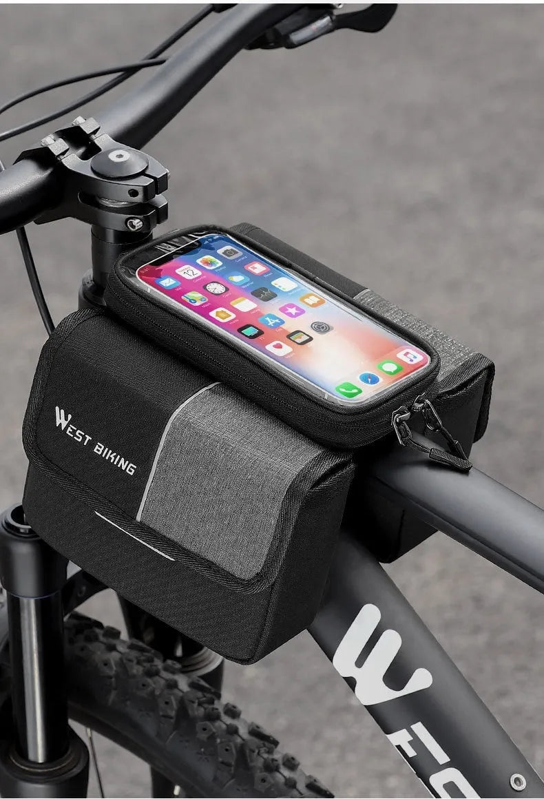 Black and grey Oxford cloth bilateral tube saddle bag mounted on bicycle handlebars.