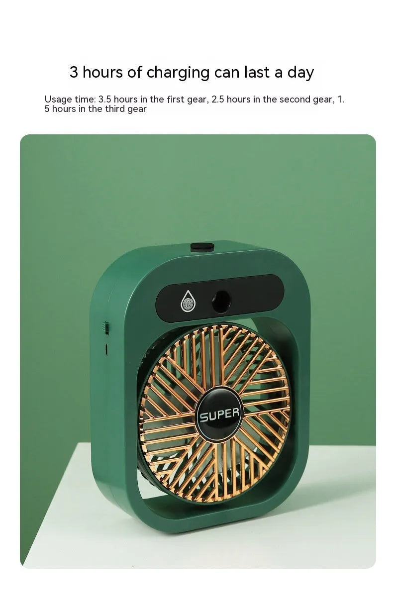 Green USB rechargeable misting fan with 3 speed settings and adjustable head on a desk