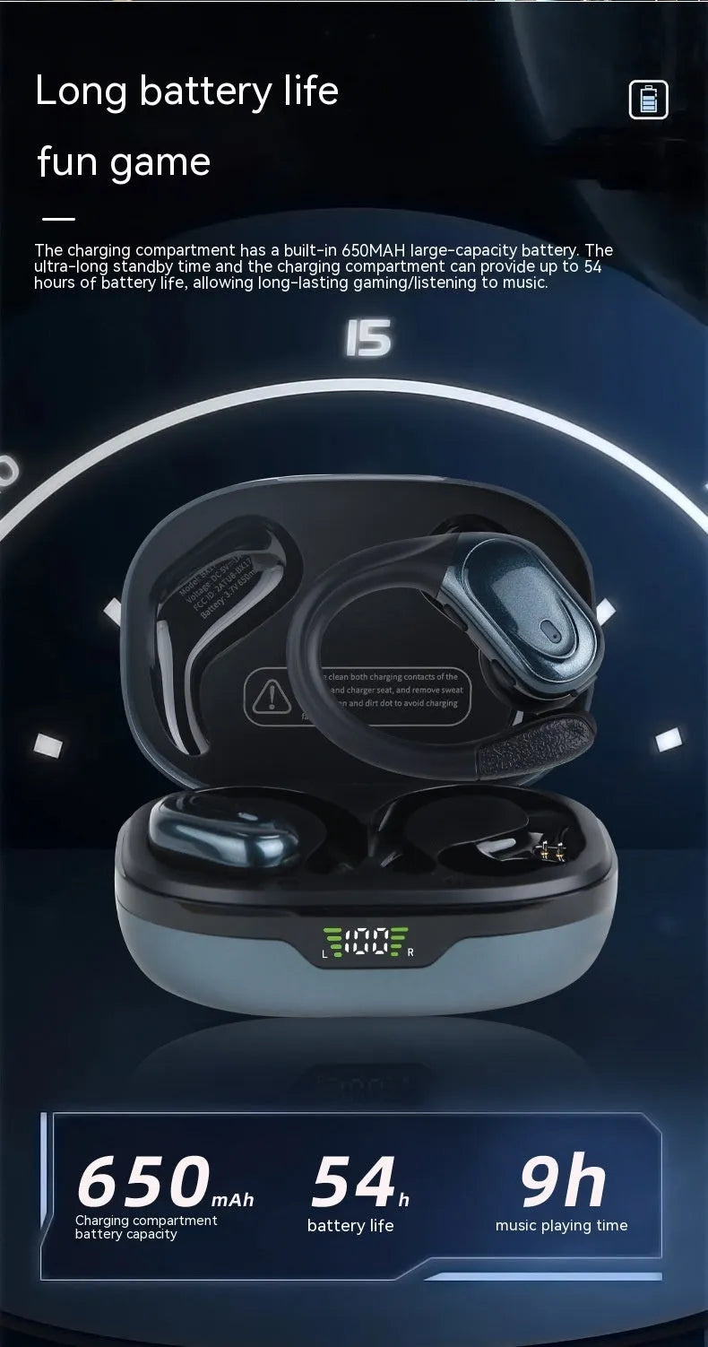 Smart digital display wireless ear-hook sports headphones with noise reduction in Black, Rose Gold, and Skin Colour