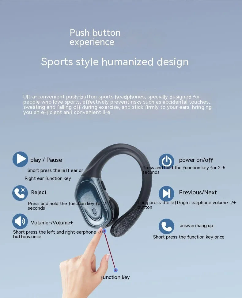 Smart digital display wireless ear-hook sports headphones with noise reduction in Black, Rose Gold, and Skin Colour