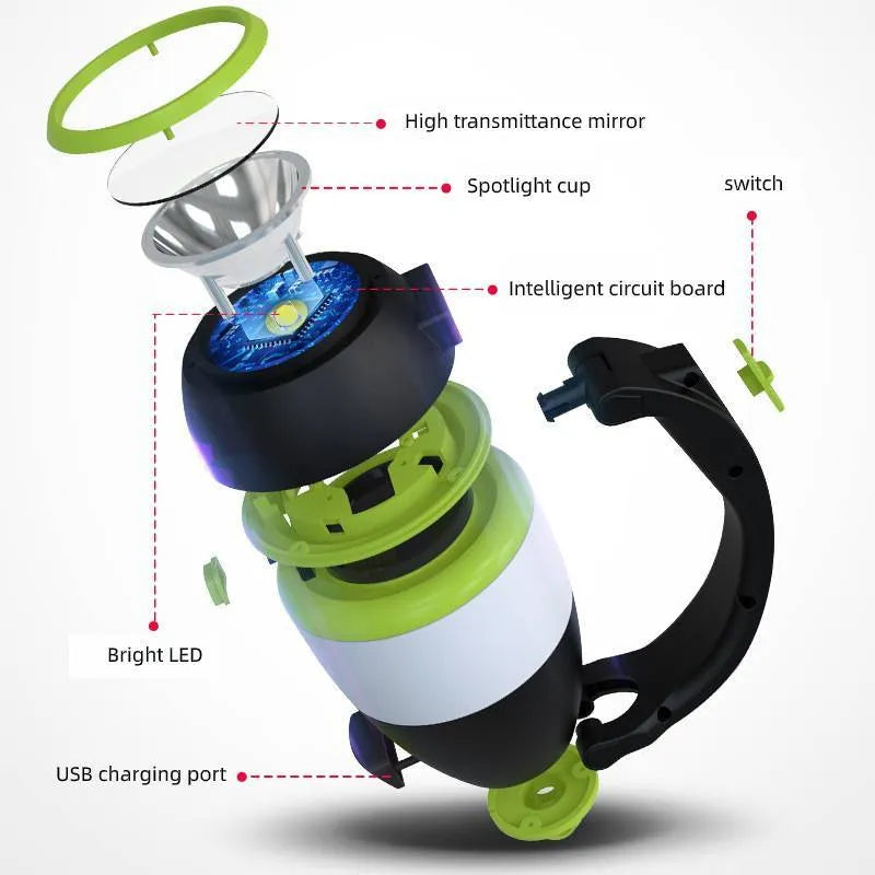 Black green multifunctional LED camping lamp with USB port shown next to a mobile phone.