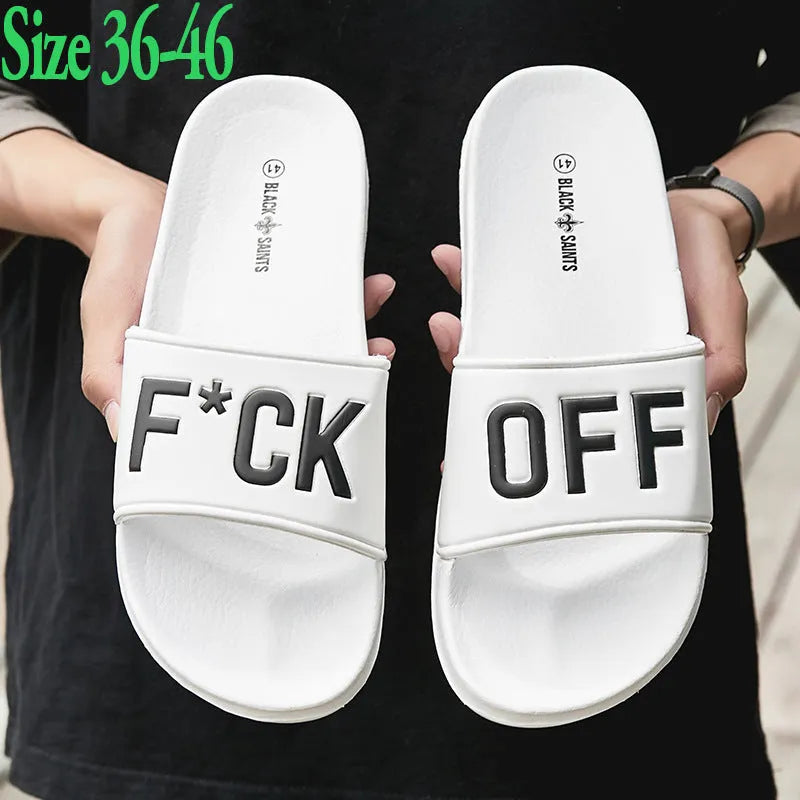 Men's black and white open toe personalised slippers with a rubber sole, shown in a large size.