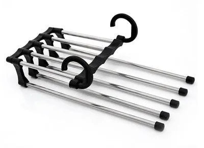 Black stainless steel five-boom trouser hanger showing level and vertical hanging options.