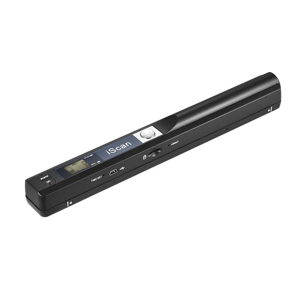 A handheld plastic scanner shown in five colour options: black, blue, green, red, and silver.