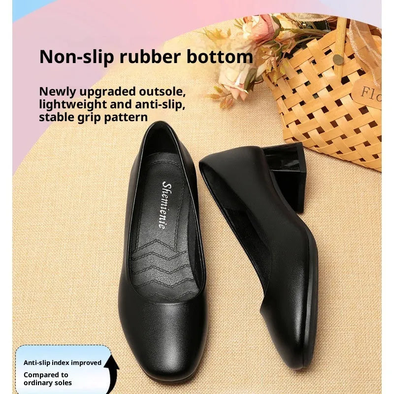 Breathable women's casual low-top chunky heel slip-on shoes in white with PU upper and round toe