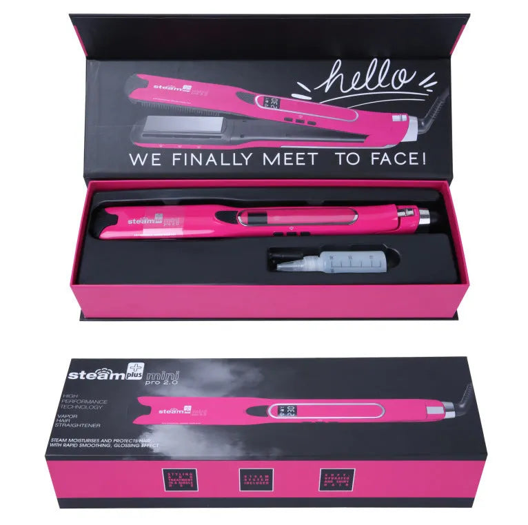 Mini steam hair straightener in champagne colour with styling plates visible