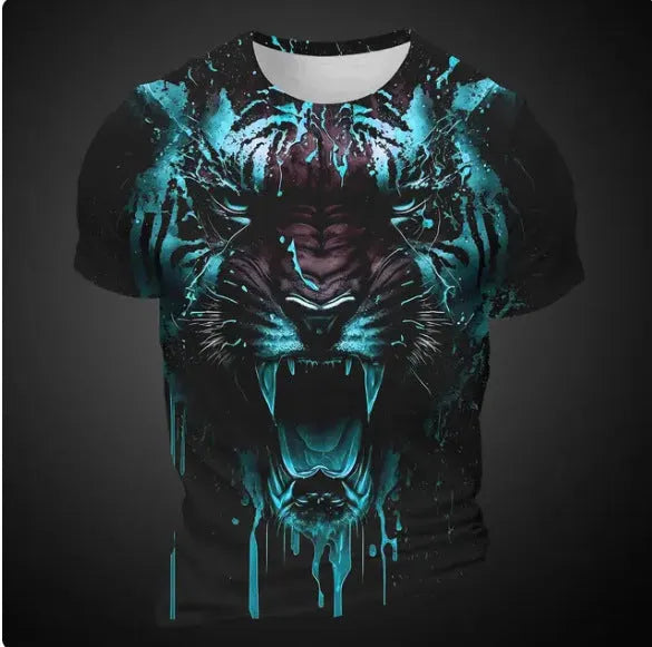 Men's grey short sleeve T-shirt with a detailed 3D tiger face digital print on the front.
