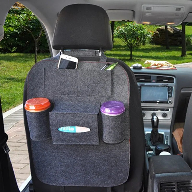 Multi-purpose auto seat organizer bag in wool felt, 33cm x 14cm x 5.5cm, black colour, on car seat back