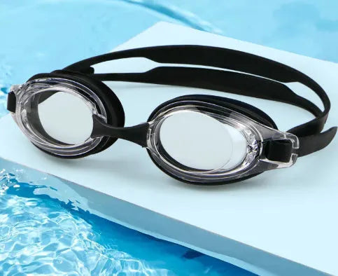 Waterproof anti-fog swimming goggles with prescription lens options from 200 to 600 degrees in protective case