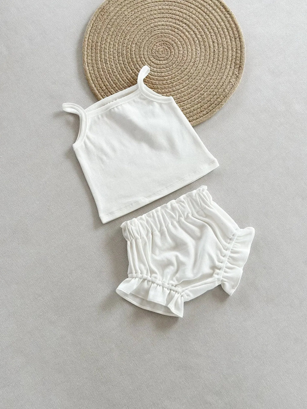 Thin rib cotton two-piece home wear set with sleeveless top and shorts in Rose colour for children 59cm to 100cm height