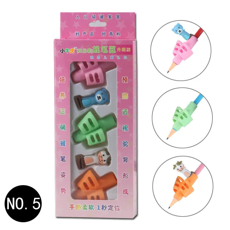 Children's soft rubber pen holder for posture correction with cartoon animal design options