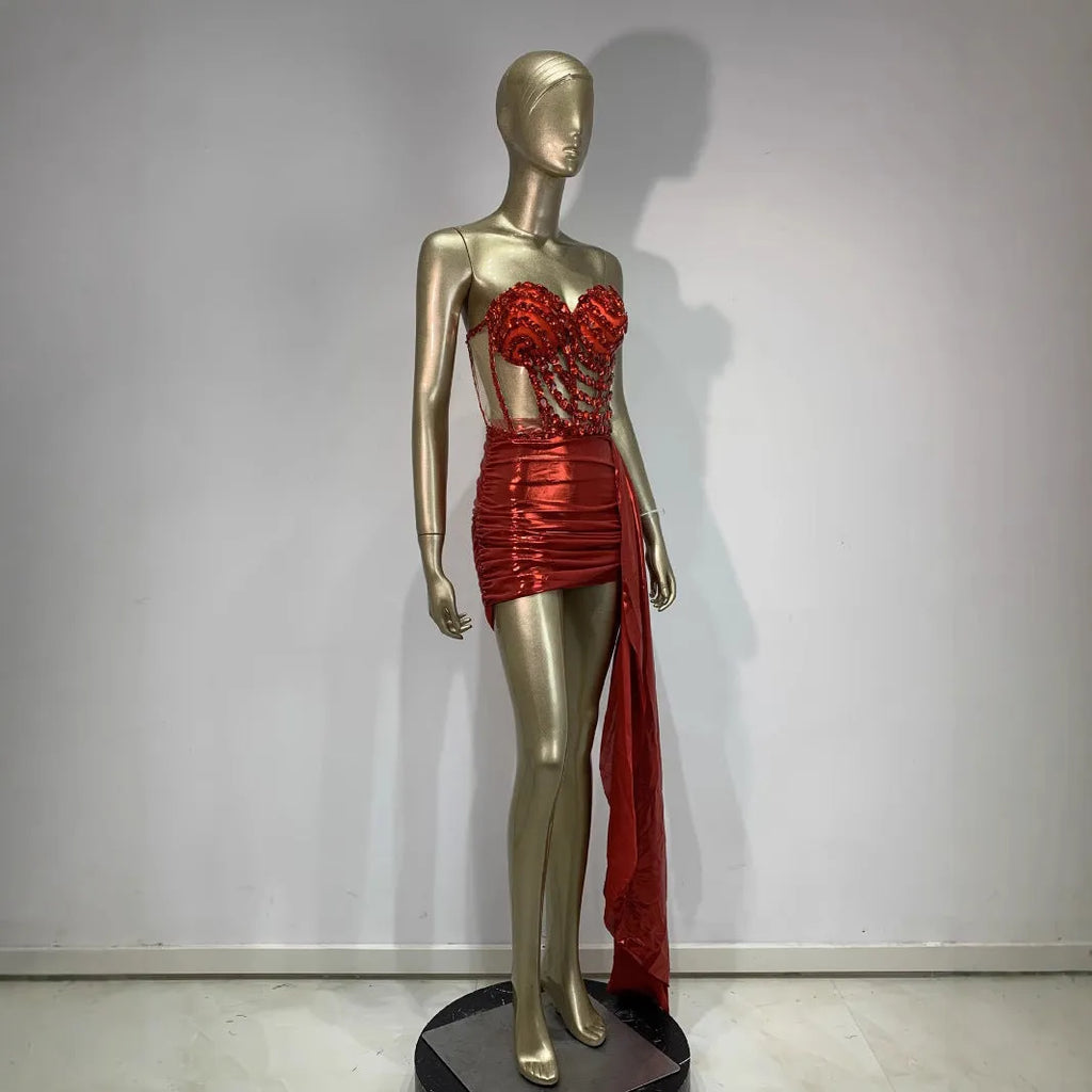 Women's red Spandex stage costume skirt suit with hollow mesh see-through design, front view