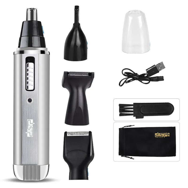 Blue battery-powered electric shaver with main shaving head and a separate nose hair trimmer attachment.