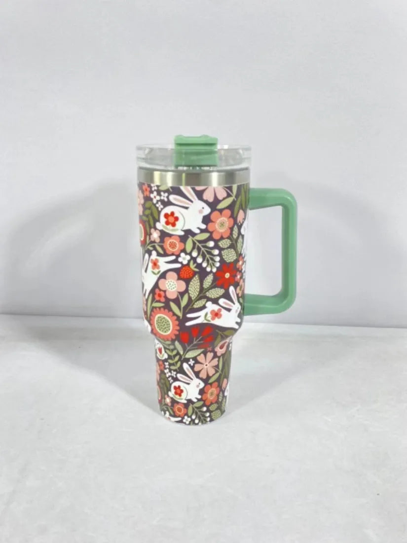 Christmas pattern stainless steel vacuum tumbler with handle, lid and straw - 1200ml capacity travel cup