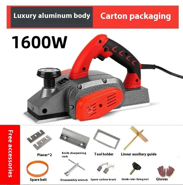 Red desktop electric wood planer with aluminium body, showing 82mm planing width and depth adjustment controls