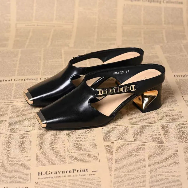 Metal Tilta French retro square toe sandals with PU upper and rubber sole in black and white