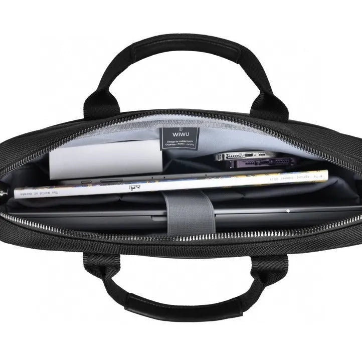 Black Oxford cloth multi-pocket laptop handbag showing separate internal layers and an integrated lock.