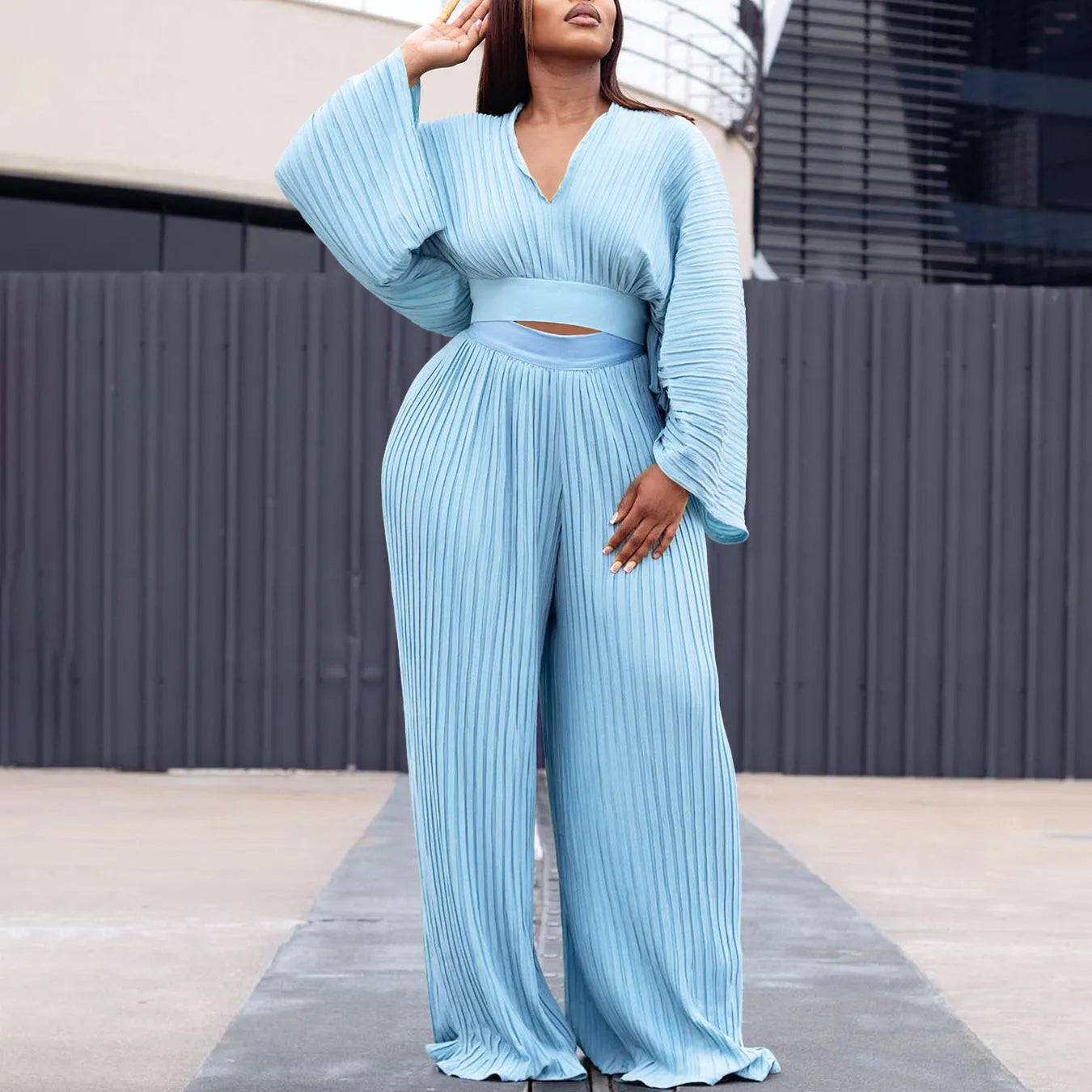 Women's African suit two-piece set with batwing sleeves and wide leg trousers in red or sapphire blue