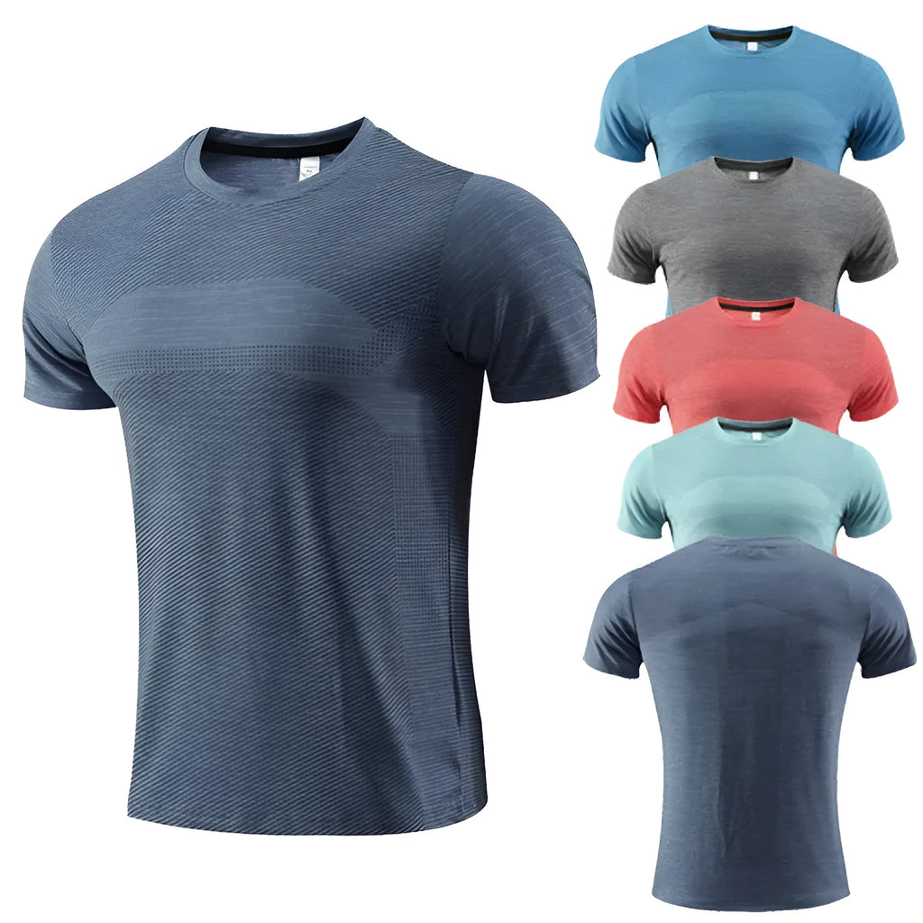 Men's short sleeve running t-shirt in polyester spandex fabric on a size chart