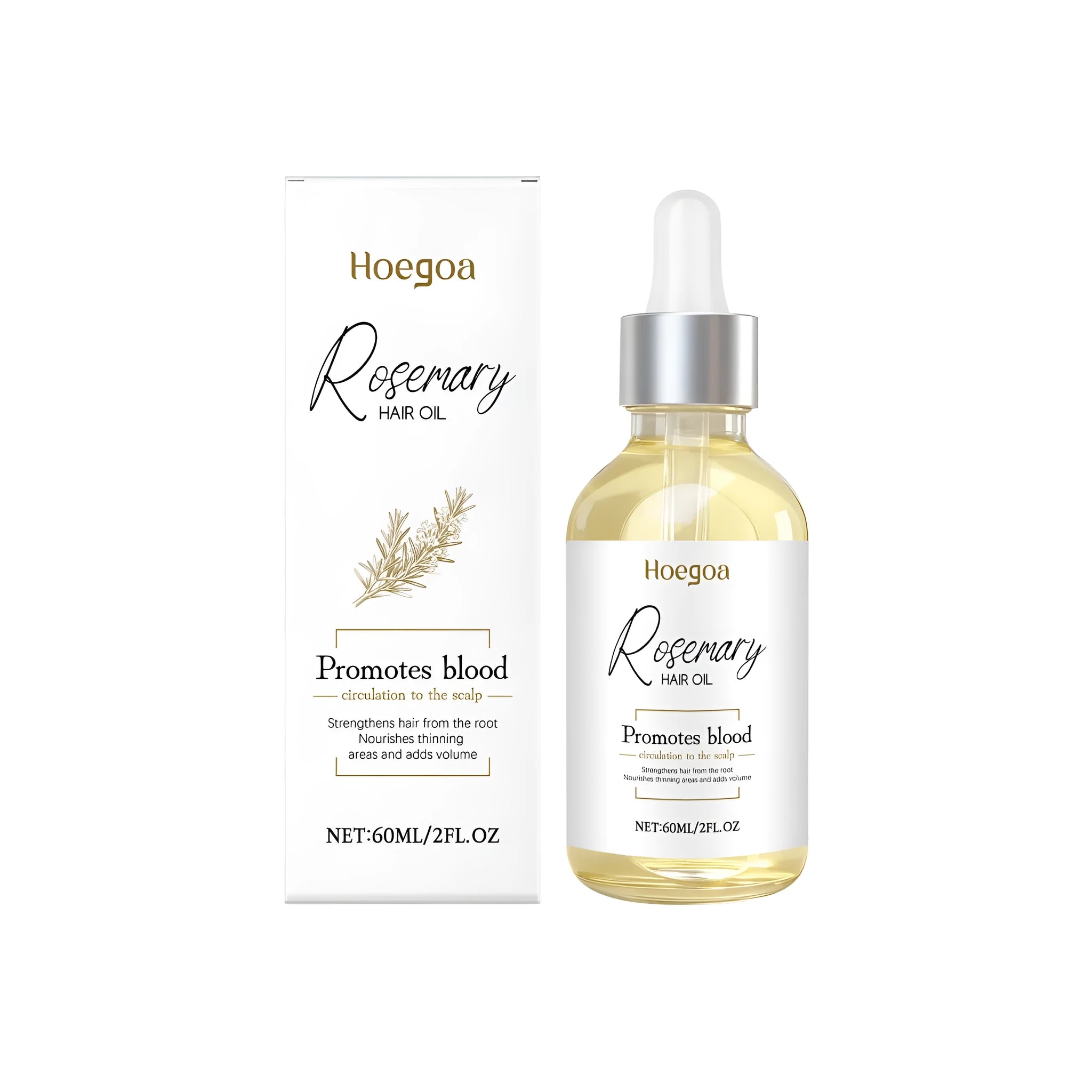 60ml bottle of rosemary hair care oil with ginger root oil, vitamin E, and glycerin for scalp treatment