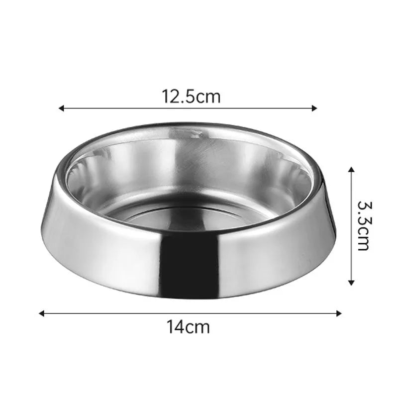 Thick stainless steel pet bowl with non-slip base, anti-fall rim, and bite-resistant construction