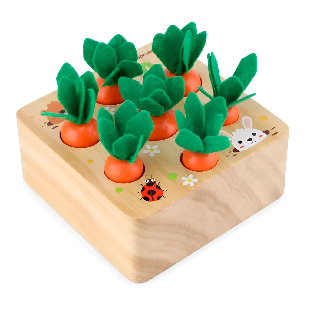 Educational wooden stacking toy with harvest carrots design for children aged 2-4 years