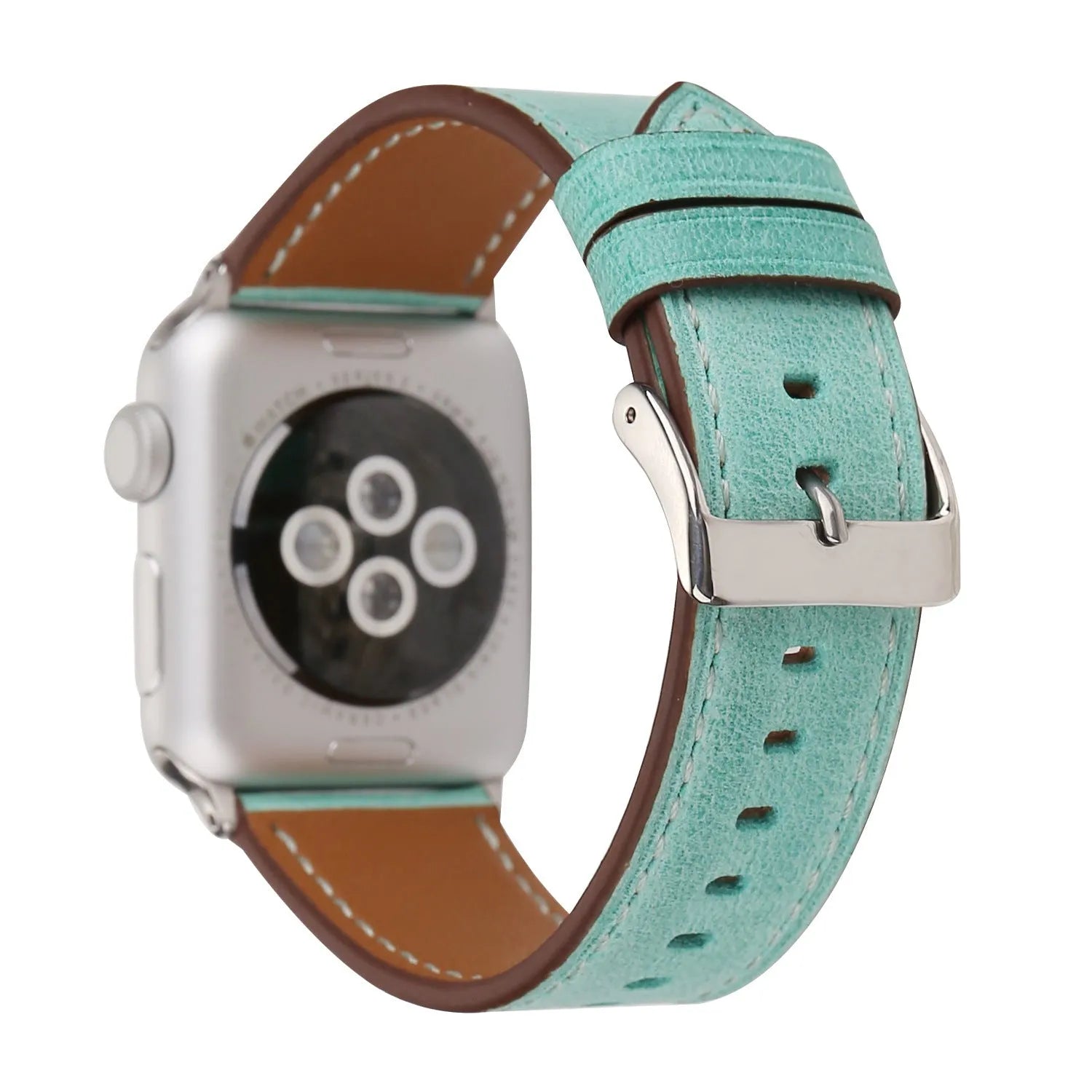 Blue leather watch strap with a silver folding buckle on a 42mm width watch case.