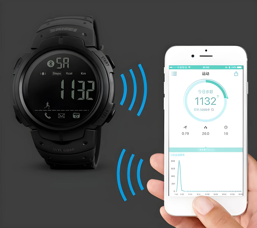 Sports smartwatch with 50mm round dial compatible with Apple and Android phones