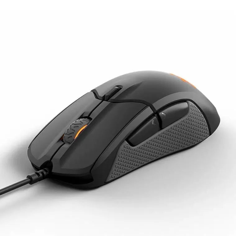 Wired mechanical gaming mouse in black with ergonomic design, 12000 DPI sensor, and USB cable