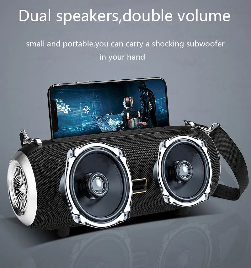 F666 portable Bluetooth speaker with fabric mesh finish, shoulder strap, and display showing FM radio frequency.