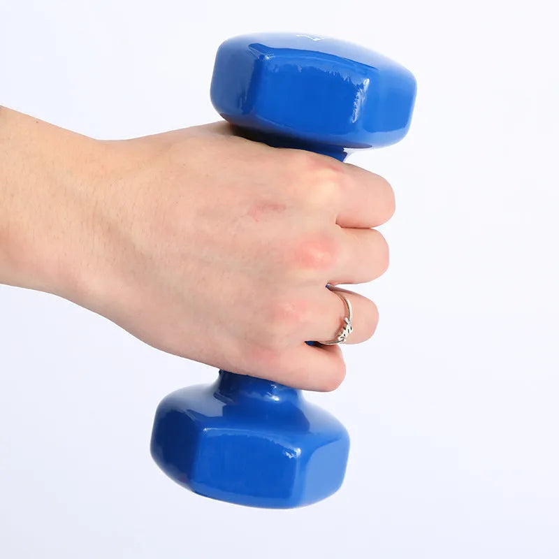 Bright colour plastic-coated fitness dumbbells in 0.5kg, 1kg, and 1.5kg weights for home workouts