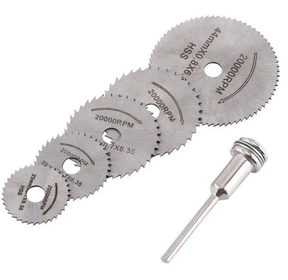 Set of six small circular saw blades and a mandrel for a mini rotary tool on a white background.